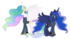 Size: 5360x3008 | Tagged: safe, artist:andoanimalia, artist:php170, princess celestia, princess luna, alicorn, pony, fallout equestria, g4, absurd resolution, clothes, crown, duo, fallout, jewelry, jumpsuit, pipboy, regalia, royal sisters, siblings, simple background, sisters, smiling, transparent background, vault suit, vector