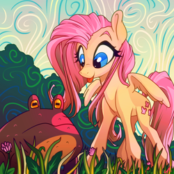 Size: 3150x3150 | Tagged: safe, artist:docwario, fluttershy, frog, pegasus, pony, g4, cute, flower, glass, high res, shyabetes, solo, tongue out