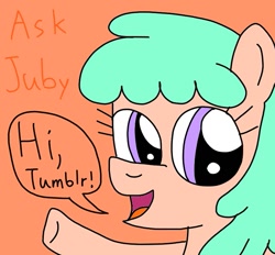 Size: 753x698 | Tagged: safe, artist:yorkyloves, jubileena, earth pony, pony, g4, ask, ask juby, background pony, cute, diaileena, female, mare, open mouth, orange background, simple background, solo, speech bubble, talking, title, title card, tumblr, waving