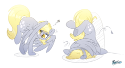 Size: 3920x2150 | Tagged: safe, artist:fluffyxai, derpy hooves, pegasus, pony, g4, angry, blushing, clumsy, cute, derpabetes, fail, falling, grooming, high res, madorable, preening, silly, simple background, solo, tumbling, white background, wings