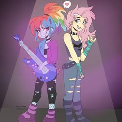 Size: 2048x2048 | Tagged: safe, alternate version, artist:rapunzelights, fluttershy, rainbow dash, equestria girls, g4, alternate hairstyle, arm warmers, belt, boots, choker, chokershy, clothes, devil horn (gesture), ear piercing, earring, eyelashes, female, flutterpunk, grin, guitar, heart, high res, jacket, jewelry, lesbian, lesbian pride flag, lipstick, musical instrument, pictogram, piercing, pride, pride flag, ship:flutterdash, shipping, shoes, smiling, spiked choker, torn clothes, trans fluttershy, transgender pride flag