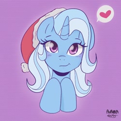 Size: 2048x2048 | Tagged: safe, artist:rapunzelights, trixie, pony, unicorn, g4, bust, christmas, eyelashes, female, hat, high res, holiday, horn, mare, pictogram, purple background, santa hat, signature, simple background, smiling, solo