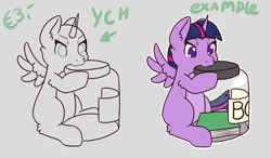 Size: 4290x2505 | Tagged: safe, artist:morrigun, derpibooru exclusive, twilight sparkle, alicorn, pony, g4, book, commission, cute, gray background, horn, jar, label, simple background, twiabetes, twilight sparkle (alicorn), wings, ych example, your character here