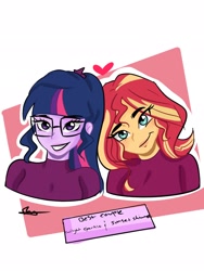 Size: 1536x2048 | Tagged: safe, artist:rapunzelights, sci-twi, sunset shimmer, twilight sparkle, equestria girls, abstract background, bust, clothes, female, glasses, grin, heart, lesbian, scitwishimmer, shipping, signature, smiling, sunsetsparkle