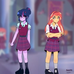 Size: 2048x2048 | Tagged: safe, artist:rapunzelights, sci-twi, sunset shimmer, twilight sparkle, equestria girls, clothes, crossed arms, crystal prep academy uniform, eyelashes, female, glasses, high res, school uniform, signature, skirt