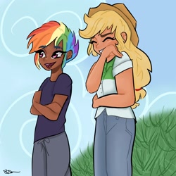 Size: 2048x2048 | Tagged: safe, alternate version, artist:rapunzelights, applejack, rainbow dash, human, g4, clothes, crossed arms, dark skin, eyelashes, eyes closed, female, hat, high res, humanized, lesbian, outdoors, pants, ship:appledash, shipping, smiling