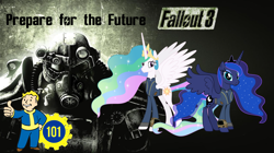 Size: 5360x3008 | Tagged: safe, artist:andoanimalia, artist:php170, princess celestia, princess luna, alicorn, pony, fallout equestria, g4, armor, brotherhood of steel, clothes, crown, duo, fallout, fallout 3, female, jewelry, jumpsuit, pipboy, power armor, prepare for the future, regalia, royal sisters, siblings, sisters, vault 101, vault boy, vault suit, vector, wallpaper