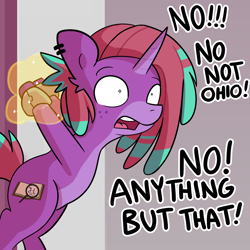 Size: 3000x3000 | Tagged: safe, artist:tjpones, oc, oc:piropie, pony, unicorn, cruel and unusual punishment, distressed, high res, implied death, implied princess celestia, ohio, suspended, the kentucky fried movie