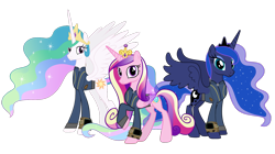 Size: 5360x3008 | Tagged: safe, artist:andoanimalia, artist:php170, princess cadance, princess celestia, princess luna, alicorn, pony, fallout equestria, g4, absurd resolution, alicorn triarchy, clothes, crown, fallout, female, implied wing hole, jewelry, jumpsuit, looking at you, mare, pipboy, regalia, royal sisters, siblings, simple background, sisters, smiling, transparent background, trio, vault suit, vector