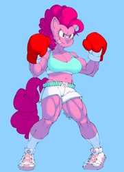 Size: 925x1280 | Tagged: safe, artist:chompolon, pinkie pie, earth pony, anthro, plantigrade anthro, g4, :p, bandaid on nose, blue background, boxing, boxing gloves, breasts, busty pinkie pie, clothes, female, fighting stance, muscles, muscular female, pinkie pump, shoes, shorts, signature, simple background, socks, solo, sports, sports bra, sports shorts, tongue out