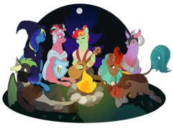Size: 2700x2000 | Tagged: safe, artist:theartfox2468, oc, oc only, oc:cocoa berry, oc:halcyon halfnote, oc:larynx (changeling), oc:lobelya, oc:wild goosechase, unnamed oc, changedling, changeling, dragon, earth pony, kirin, pegasus, pony, unicorn, armor, bandage, bandana, bard, boots, camp, campfire, changedling oc, changeling oc, clothes, dragon oc, dungeons and dragons, eyes closed, fantasy class, female, food, freckles, gloves, glowing horn, grin, guitar, hat, healer, helmet, high res, hoof shoes, horn, kirin oc, knee pads, levitation, log, lying down, magic, male, mare, marshmallow, multicolored hair, musical instrument, night, nonbinary, open mouth, pants, pen and paper rpg, prone, robe, rock, rpg, shield, shirt, shoes, singing, sitting, sky, smiling, stars, stick, telekinesis, tree, vest, wall of tags, wizard, wizard hat, wood