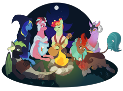 Size: 2700x2000 | Tagged: safe, alternate version, artist:theartfox2468, oc, oc only, oc:cocoa berry, oc:halcyon halfnote, oc:larynx (changeling), oc:lobelya, oc:wild goosechase, unnamed oc, changedling, changeling, dragon, earth pony, kirin, pegasus, pony, unicorn, armor, bandage, bandana, bard, boots, camp, campfire, changedling oc, changeling oc, clothes, dragon oc, dungeons and dragons, eyes closed, fantasy class, female, food, freckles, gloves, glowing horn, grin, guitar, hat, healer, helmet, high res, hoof shoes, horn, kirin oc, knee pads, levitation, log, lying down, magic, male, mare, marshmallow, multicolored hair, musical instrument, night, nonbinary, open mouth, pants, pen and paper rpg, prone, robe, rock, rpg, shield, shirt, shoes, singing, sitting, sky, smiling, stars, stick, telekinesis, tree, vest, wall of tags, wizard, wizard hat, wood