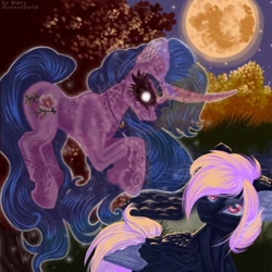 Size: 768x768 | Tagged: safe, artist:maryhoovesfield, oc, oc only, ghost, pegasus, pony, undead, unicorn, duo, ear fluff, eyelashes, floating, full moon, horn, jewelry, looking back, moon, necklace, night, not izzy moonbow, outdoors, pegasus oc, pond, signature, stars, two toned wings, unicorn oc, wings