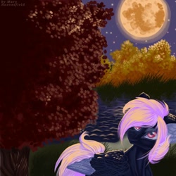 Size: 768x768 | Tagged: safe, alternate version, artist:maryhoovesfield, oc, oc only, pegasus, pony, ear fluff, full moon, looking back, moon, night, outdoors, pegasus oc, pond, signature, solo, stars, two toned wings, wings