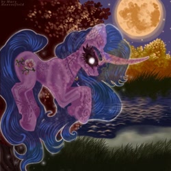Size: 768x768 | Tagged: safe, alternate version, artist:maryhoovesfield, oc, oc only, ghost, pony, undead, unicorn, ear fluff, eyelashes, floating, full moon, horn, jewelry, moon, necklace, night, outdoors, pond, signature, solo, stars, unicorn oc