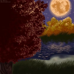 Size: 768x768 | Tagged: safe, alternate version, artist:maryhoovesfield, background, full moon, moon, night, no pony, outdoors, pond, signature, stars