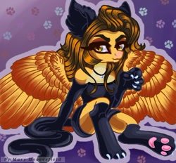 Size: 480x445 | Tagged: safe, artist:maryhoovesfield, oc, oc only, cat, pegasus, anthro, clothes, costume, ear fluff, eyelashes, female, paw pads, paw prints, paw socks, pegasus oc, signature, sitting, smiling, solo, spread wings, waving, wings