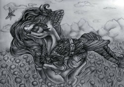 Size: 1024x718 | Tagged: safe, artist:maryhoovesfield, oc, oc only, dragonfly, insect, pegasus, pony, cloud, dandelion, ear fluff, eyelashes, grayscale, monochrome, outdoors, pegasus oc, running, signature, smiling, solo, traditional art, wings