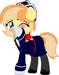 Size: 5000x6376 | Tagged: safe, artist:jhayarr23, oc, oc only, oc:fruitlines, earth pony, pony, blushing, female, flight attendant, looking at you, mare, one eye closed, simple background, solo, stewardess, transparent background