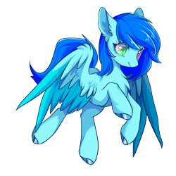 Size: 2500x2500 | Tagged: artist needed, safe, oc, oc only, oc:cloud west, pegasus, pony, chest fluff, colored pupils, ear fluff, female, flying, heterochromia, high res, mare, pegasus oc, simple background, smiling, solo, spread wings, transparent background, wings