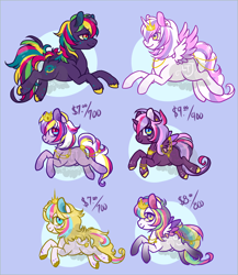 Size: 2000x2300 | Tagged: safe, artist:lavvythejackalope, oc, oc only, alicorn, earth pony, pegasus, pony, alicorn oc, base used, blue background, crown, earth pony oc, freckles, high res, horn, jewelry, multicolored hair, pegasus oc, rainbow hair, regalia, simple background, smiling, unshorn fetlocks, wings