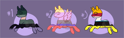 Size: 3200x1000 | Tagged: safe, artist:lavvythejackalope, oc, oc only, earth pony, pegasus, pony, unicorn, base used, earth pony oc, horn, pegasus oc, purple background, simple background, smiling, unicorn oc, wings