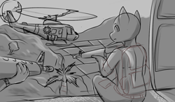 Size: 1200x700 | Tagged: safe, artist:zeroonesunray, anthro, helicopter, weapon, wip