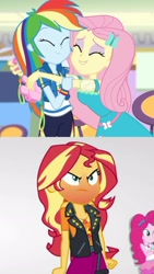 Size: 1288x2289 | Tagged: safe, edit, edited screencap, screencap, fluttershy, pinkie pie, rainbow dash, sunset shimmer, dashing through the mall, equestria girls, equestria girls series, g4, holidays unwrapped, rollercoaster of friendship, spoiler:eqg series (season 2), drama, holidays unwrapped drama, rageset shimmer, red face
