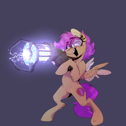 Size: 1002x1002 | Tagged: safe, artist:wacky-skiff, scootaloo, pegasus, pony, g4, 3d, bipedal, bushy brows, eye clipping through hair, female, gmod, gravity gun, half-life, half-life 2, hoof hold, looking at you, open mouth, physics gun, solo, super gravity gun, this will not end well