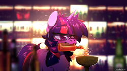 Size: 1920x1080 | Tagged: safe, artist:wacky-skiff, twilight sparkle, pony, unicorn, friendship is magic, g4, blurry background, chest fluff, confound these ponies, eye clipping through hair, eyebrows, eyebrows visible through hair, implied alcohol, implied drinking, messy mane, mouth hold, scene interpretation, solo, thick eyebrows