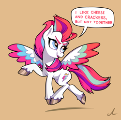 Size: 2961x2943 | Tagged: safe, artist:docwario, zipp storm, pegasus, pony, g5, colored wings, dialogue, female, high res, looking back, mare, multicolored wings, open mouth, raised hoof, solo, speech bubble, spread wings, text, unshorn fetlocks, wings