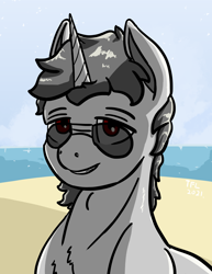 Size: 2550x3300 | Tagged: safe, artist:tofuslied-, oc, oc only, oc:diligent, pony, unicorn, beach, high res, solo, sunglasses
