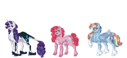 Size: 1673x768 | Tagged: safe, artist:rainydayjitters, pinkie pie, rainbow dash, rarity, pony, g4, alternate design, simple background