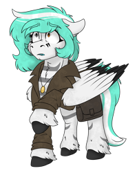 Size: 1728x2172 | Tagged: safe, artist:rokosmith26, oc, oc only, pegasus, pony, bag, clothes, ears back, female, folded wings, hoof fluff, jacket, jewelry, looking up, markings, necklace, saddle bag, scared, simple background, solo, standing, transparent background, wings