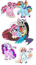 Size: 1833x3265 | Tagged: safe, artist:rainbowquasar, discord, pinkie pie, rainbow dash, oc, oc:cosmic candy, oc:sugar burst, pony, g4, bisexual, colored wings, discopinkiedash, female, heterochromia, interspecies offspring, lesbian, magical lesbian spawn, magical threesome spawn, male, missing cutie mark, multicolored wings, multiple parents, offspring, ot3, parent:discord, parent:pinkie pie, parent:rainbow dash, parents:discopinkiedash, parents:pinkiedash, polyamory, rainbow wings, ship:discodash, ship:discopie, ship:pinkiedash, shipping, simple background, starry eyes, straight, white background, wingding eyes, wings