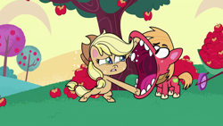 Size: 1920x1080 | Tagged: safe, screencap, applejack, big macintosh, earth pony, pony, g4, g4.5, my little pony: pony life, terrorarium, apple, faic, female, food, male, mare, stallion, tree, wheelbarrow