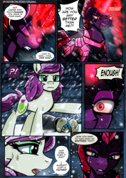 Size: 2480x3508 | Tagged: safe, artist:dsana, fizzlepop berrytwist, tempest shadow, oc, oc:fireweed, oc:thistledown, earth pony, pony, unicorn, comic:a storm's lullaby, g4, armor, blizzard, brother and sister, comic, crying, crystal armor, duck and cover, female, glowing horn, high res, horn, male, mare, oh snap, protecting, scar, siblings, snow, snowfall, stallion, teary eyes, tempest gets her horn back