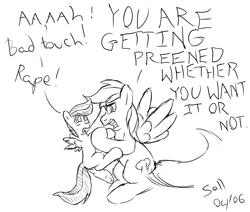 Size: 2600x2200 | Tagged: safe, artist:sollace, derpibooru exclusive, rainbow dash, scootaloo, pegasus, pony, g4, bad touch, dialogue, duo, female, filly, foal, grooming, high res, imminent preening, monochrome, nonconsensual preening, personal space invasion, preening, rainbow dash is not amused, unamused