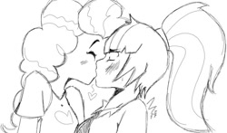 Size: 750x441 | Tagged: safe, artist:raijuri, pinkie pie, sonata dusk, equestria girls, g4, black and white, female, floating heart, grayscale, heart, kiss on the lips, kissing, lesbian, monochrome, ship:pinata, shipping, sketch