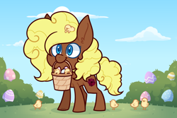 Size: 3000x2000 | Tagged: safe, artist:jetjetj, part of a set, oc, oc only, oc:éclair, earth pony, pony, basket, chick, commission, easter egg, female, high res, mare, mouth hold, solo, ych result