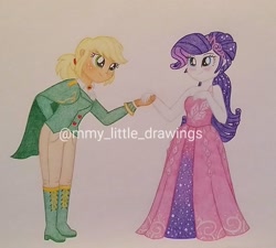 Size: 1080x970 | Tagged: safe, artist:mmy_little_drawings, applejack, rarity, equestria girls, g4, blushing, boots, clothes, cute, dress, eyelashes, female, freckles, holding hands, jackabetes, lesbian, obtrusive watermark, prince, prince costume, princess, princess costume, raribetes, ship:rarijack, shipping, shoes, smiling, suit, traditional art, watermark