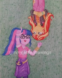 Size: 1039x1299 | Tagged: safe, artist:mmy_little_drawings, sci-twi, sunset shimmer, twilight sparkle, equestria girls, equestria girls series, sunset's backstage pass!, spoiler:eqg series (season 2), :d, bracelet, clothes, female, grass, jacket, jewelry, lesbian, lying down, obtrusive watermark, on back, open mouth, pointing, scitwishimmer, shipping, skirt, smiling, sunsetsparkle, traditional art, watermark