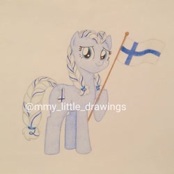Size: 1061x1061 | Tagged: safe, artist:mmy_little_drawings, earth pony, pony, braid, braided tail, eyelashes, female, finland, flag, nation ponies, obtrusive watermark, ponified, raised hoof, smiling, traditional art, watermark