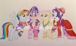 Size: 1080x663 | Tagged: safe, artist:mmy_little_drawings, flutterholly, fluttershy, merry, rainbow dash, rarity, snowdash, snowfall frost, starlight glimmer, pegasus, pony, unicorn, g4, clothes, dress, female, glasses, hat, horn, mare, obtrusive watermark, traditional art, watermark, wings