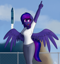 Size: 1800x1900 | Tagged: safe, artist:ponynamedmixtape, oc, oc only, oc:circinus, pegasus, anthro, clothes, female, freckles, rocket, solo, spacex, starship
