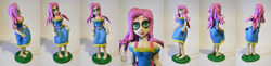 Size: 1024x251 | Tagged: safe, artist:crosslineanimator, fluttershy, equestria girls, g4, barefoot, clothes, craft, dress, feet, female, figure, figurine, human coloration, looking at you, polymer clay, sculpture, simple background, smiling