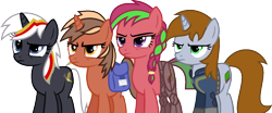 Size: 1336x555 | Tagged: safe, artist:kingbases, artist:pegasski, oc, oc only, oc:littlepip, oc:softbox, oc:velvet remedy, earth pony, pony, unicorn, fallout equestria, g4, amputee, bag, base used, bottomless, clothes, earth pony oc, eyelashes, female, frown, group, horn, mare, partial nudity, prosthetic leg, prosthetic limb, prosthetics, saddle bag, show accurate, simple background, transparent background