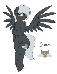 Size: 1300x1700 | Tagged: safe, artist:ponynamedmixtape, oc, oc only, oc:jericho, pegasus, semi-anthro, arm hooves, blushing, cutie mark, female, flying, shy, simple background, solo, transparent background