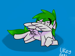 Size: 1280x960 | Tagged: safe, artist:ukedideka, oc, oc only, oc:quizzical aphre, pegasus, pony, cel shading, eyes closed, green hair, grey body, grooming, lying down, pegasus oc, preening, shading, simple background, smiling, solo, spread wings, tail feathers, wings