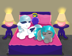Size: 1523x1200 | Tagged: safe, artist:julie25609, oc, oc:silverwing, oc:silverwing harmony, oc:sorajona, oc:sorajona darkwing, pegasus, pony, alliance, bed, bedroom, bedsheets, cute, duo, eyes closed, female, grey fur, indoors, lamp, lying down, pillow, resting, room, scene hair, sleeping, smiling, tail, warcraft, white fur, world of warcraft